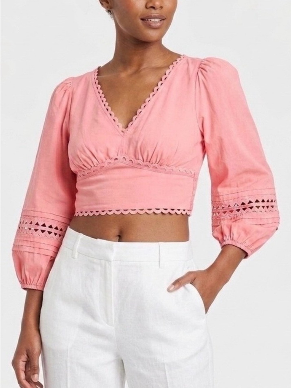 A NEW DAY Rosie Pink Scalloped Eyelet Boho Crop Top Blouse Small
